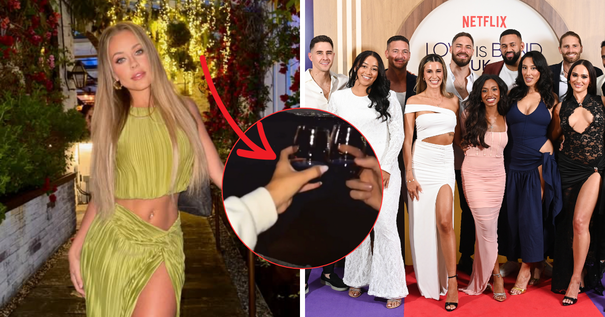 Left: Jessica Lord. Middle: Hands holding red wine glasses. Right: Love Is Blind UK season one cast.