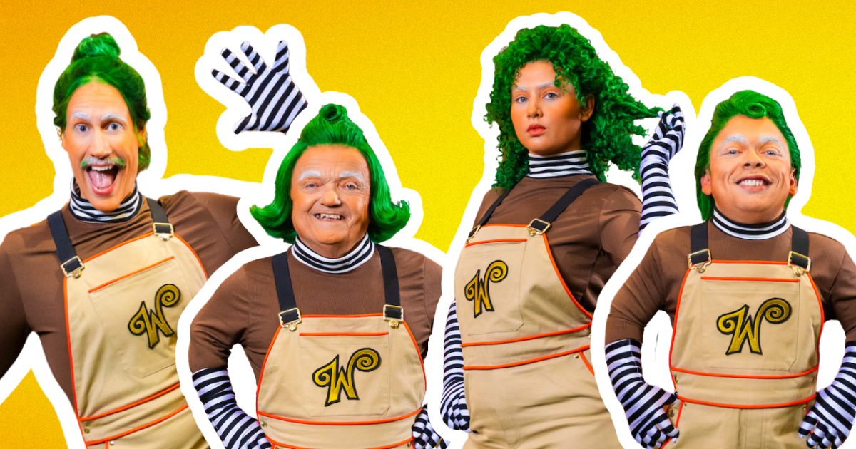 The have the green wigs and striped tights, so meet the Oompa Loompa's on Wonka's The Golden Ticket